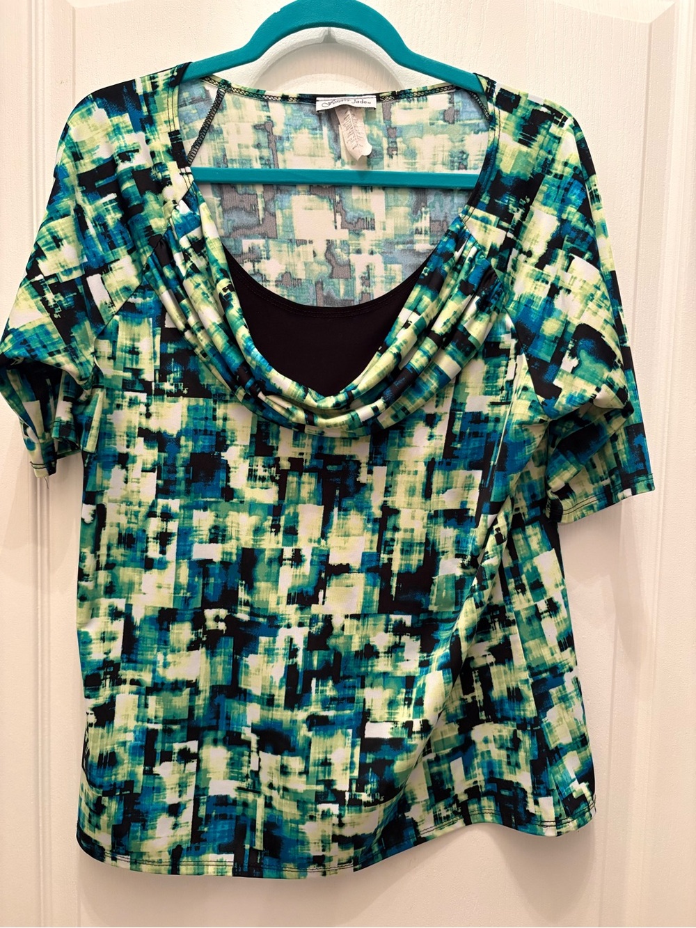 Forever Jade Teal & Black Abstract Cowl Neck Short Sleeve Top
